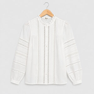 Madewell Top Womens Size XS White Lace Insert High Neck Pintuck Cottagecore NWT